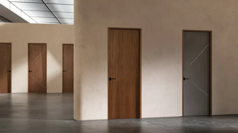 Showroom spazioso con porte finite esposte lungo una parete in intonaco